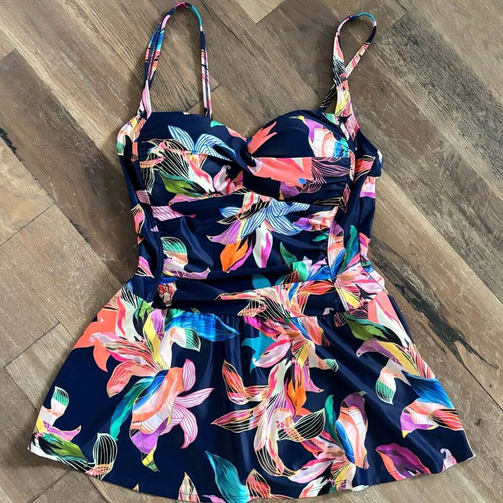 Liz Claiborne Paradise Beach Navy Swimsuit Floral Swim Dress Size 12